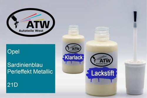 Opel, Sardinienblau Perleffekt Metallic, 21D: 20ml Lackstift + 20ml Klarlack - Set, von ATW Autoteile West.